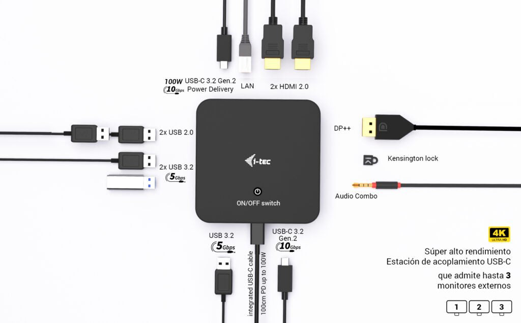 I-Tec Usb-C Ds 2 X Hdmi 1x Dp 1x Glan 1x Usb-C 3.2 3x Usb-A 3.2 2x Usb 2.0 1x 3.5mm Audio Mic 1x 100w Usb-C Power Delivery