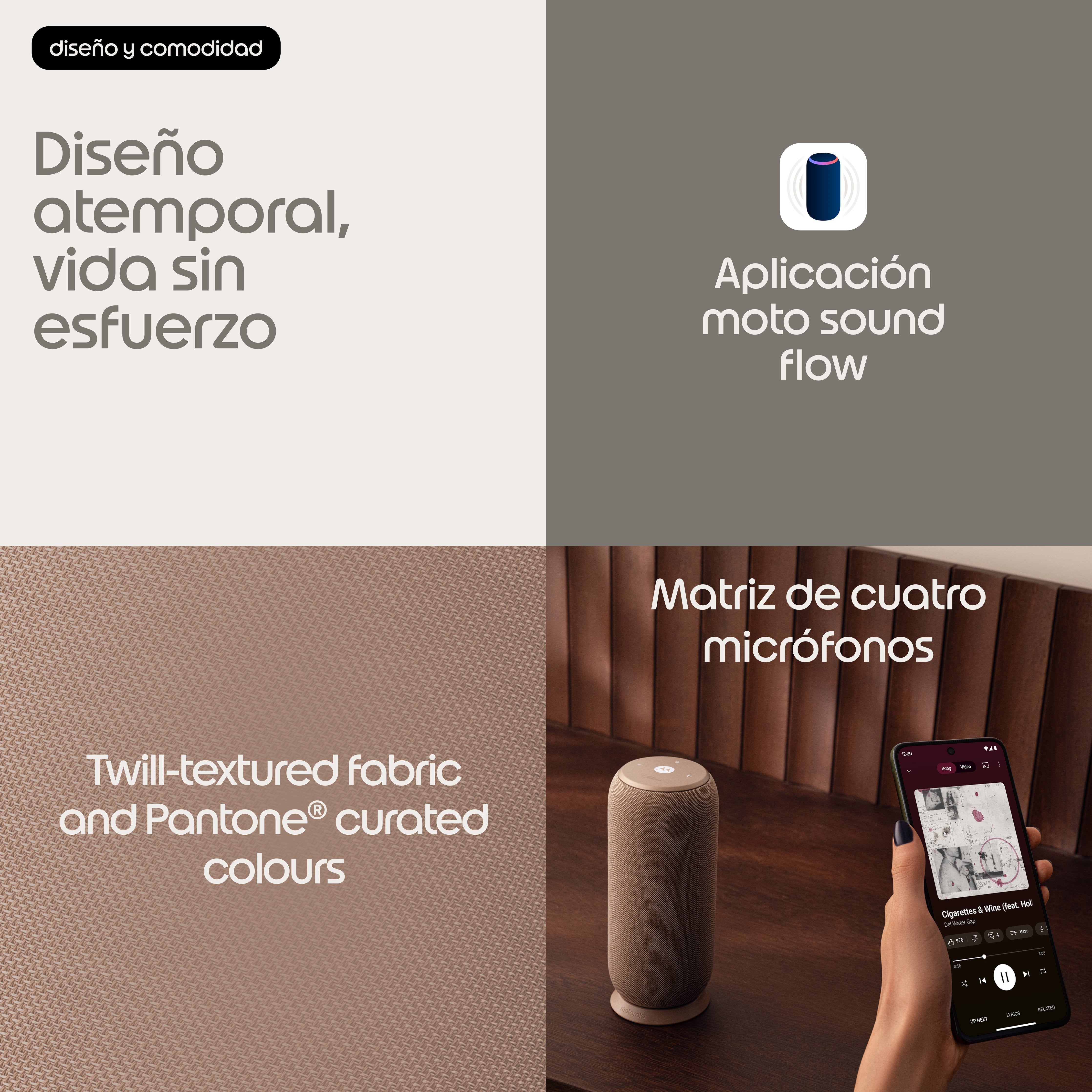 Motorola Moto Sound Flow Altavoz Para Uso Portátil Inalámbrico Bluetooth Wi-Fi Controlado Por Aplicación 30 Vatios 2 Vías Pantone Warm Taupe