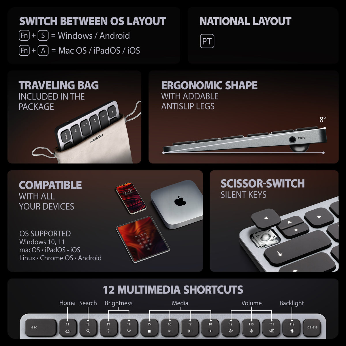 Teclado C/ Hub Axagon Hmc-Kb Keyboard Usb-C 5gbps, Microsd/