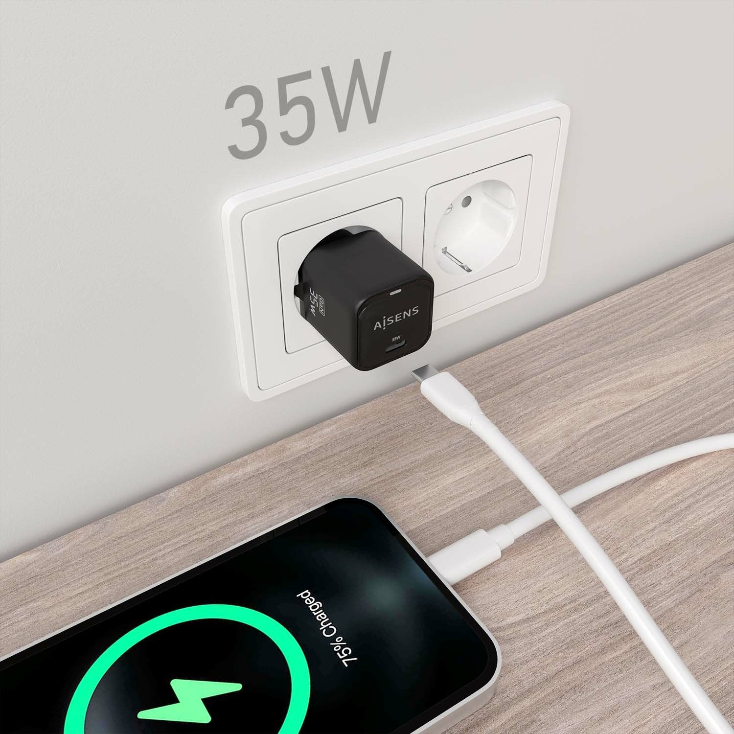 Aisens Cargador Gan 35w, 1xusb-C Pd3.0 Qc4.0, Negro