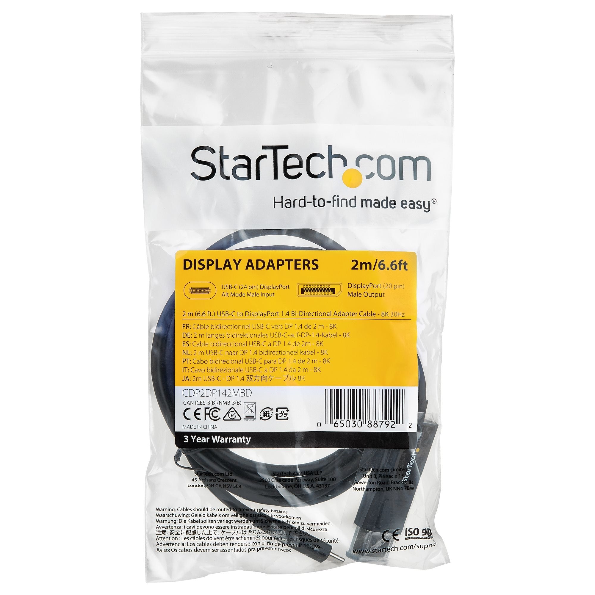6.6 Ft. Usb C To Displayport   Cabl 1.4 Cable-Bidirectional-8k 30hz