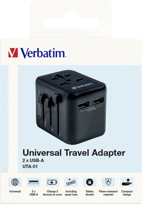 Verbatim Adaptador De Carga, Universal Travel, Uta-01, Negro 100-250 V, 2x Usb Tipo A