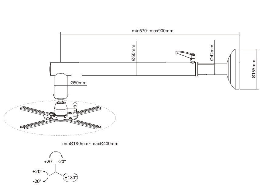 Soporte De Proyector Equip De Pared 670-900mm Rotacion 360º Inclinacion 20º Hasta 30kg Color Negro