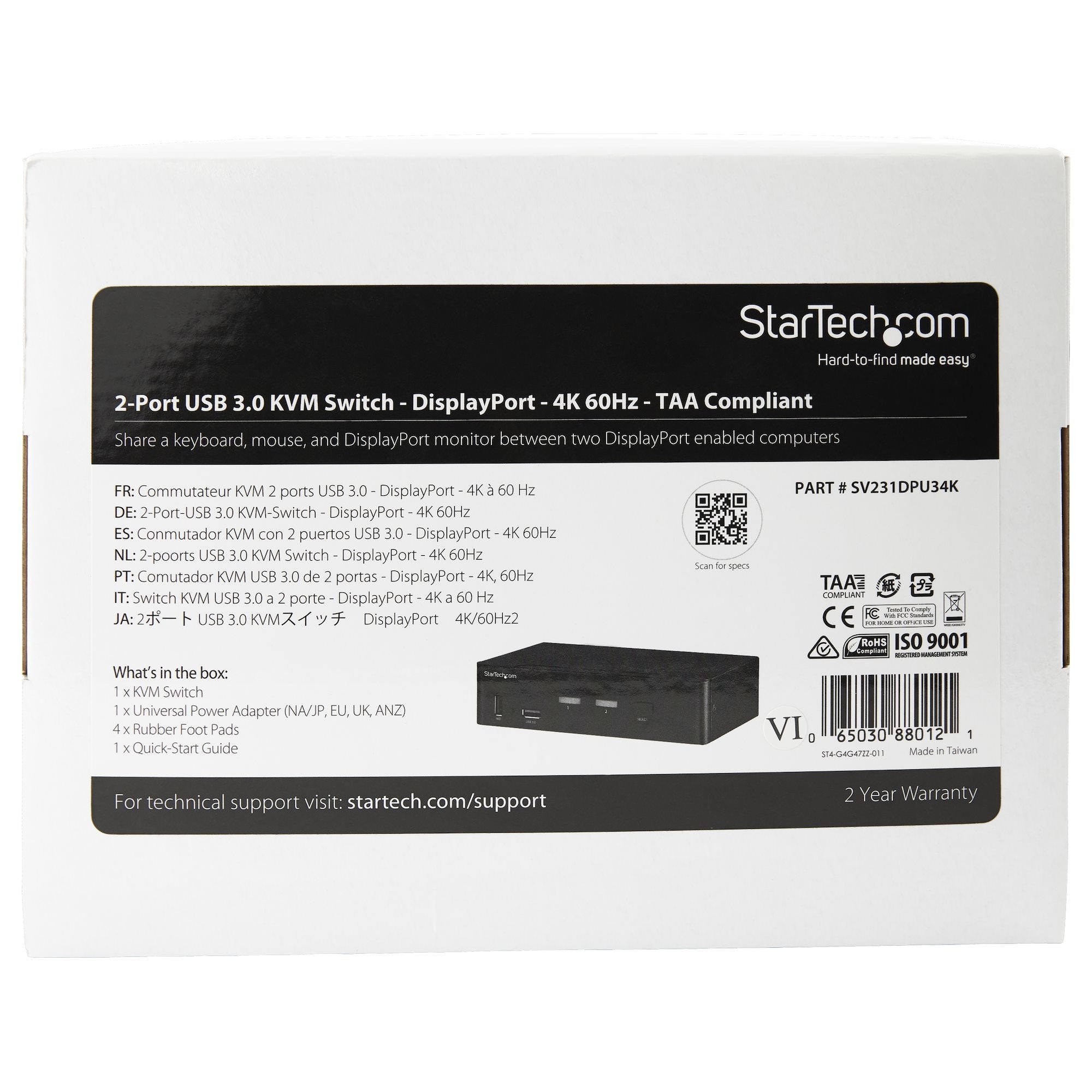 Startech.Com Switch Conmutador Kvm De 2 Puertos Displayport - 4k A 60hz - Para Una Pantalla - Switch Kvm De 2 Puertos Dp 1.2 Uhd Con Hub Ladrón Usb 3.0 Y Audio - Dell Hp Apple - Taa
