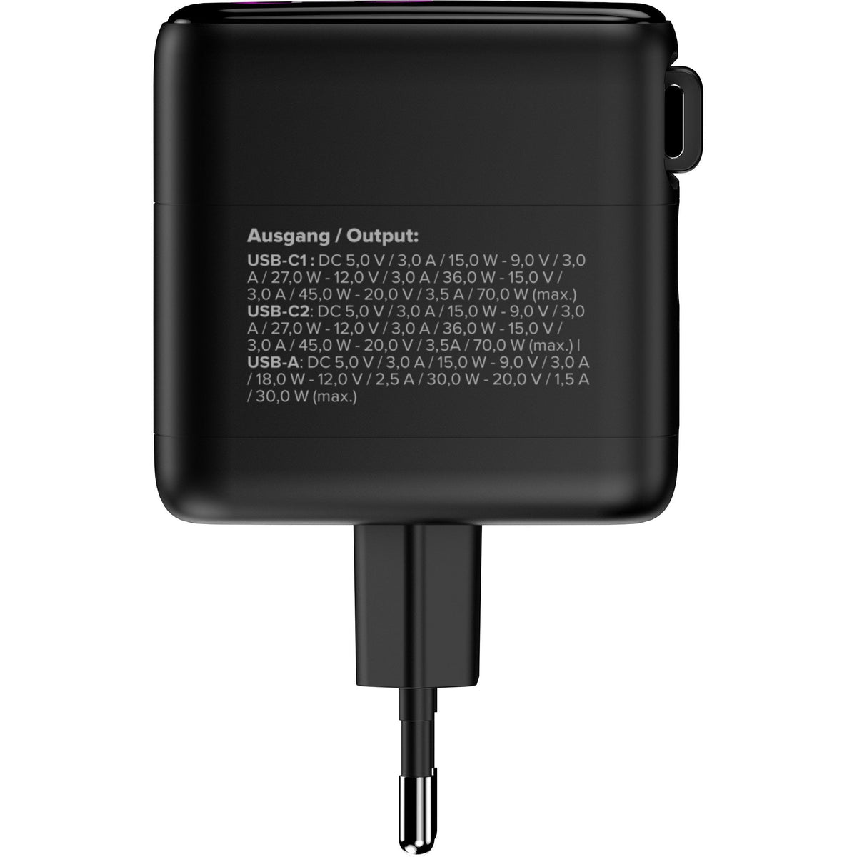 Inline Usb Fuente De Alimentación - 70w - Gan - Usb-C Pd + Usb-A Qc - Cable 60cm - Negro