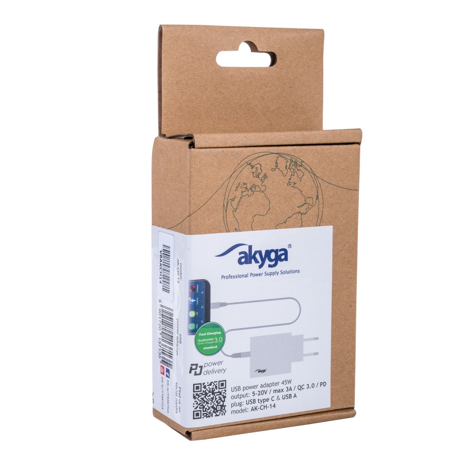 Akyga Cargador De Pared Ak-Ch-14 45w Usb-A + Usb-C Pd Quick Charge 3.0 5-20v / 2.25-3a Blanco