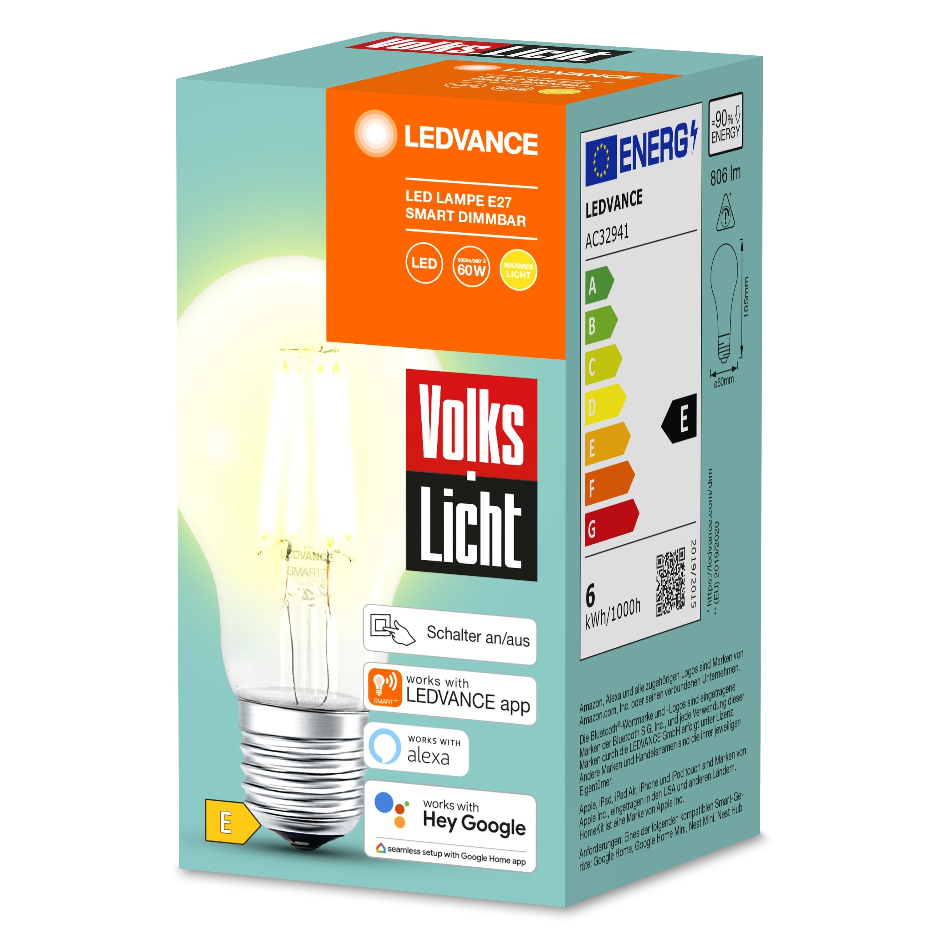 Ledvance Smart+ Bt Cla60 60 6w/2500k E27, Led (Filamento, Bluetooth, Reemplaza 60 Watts)