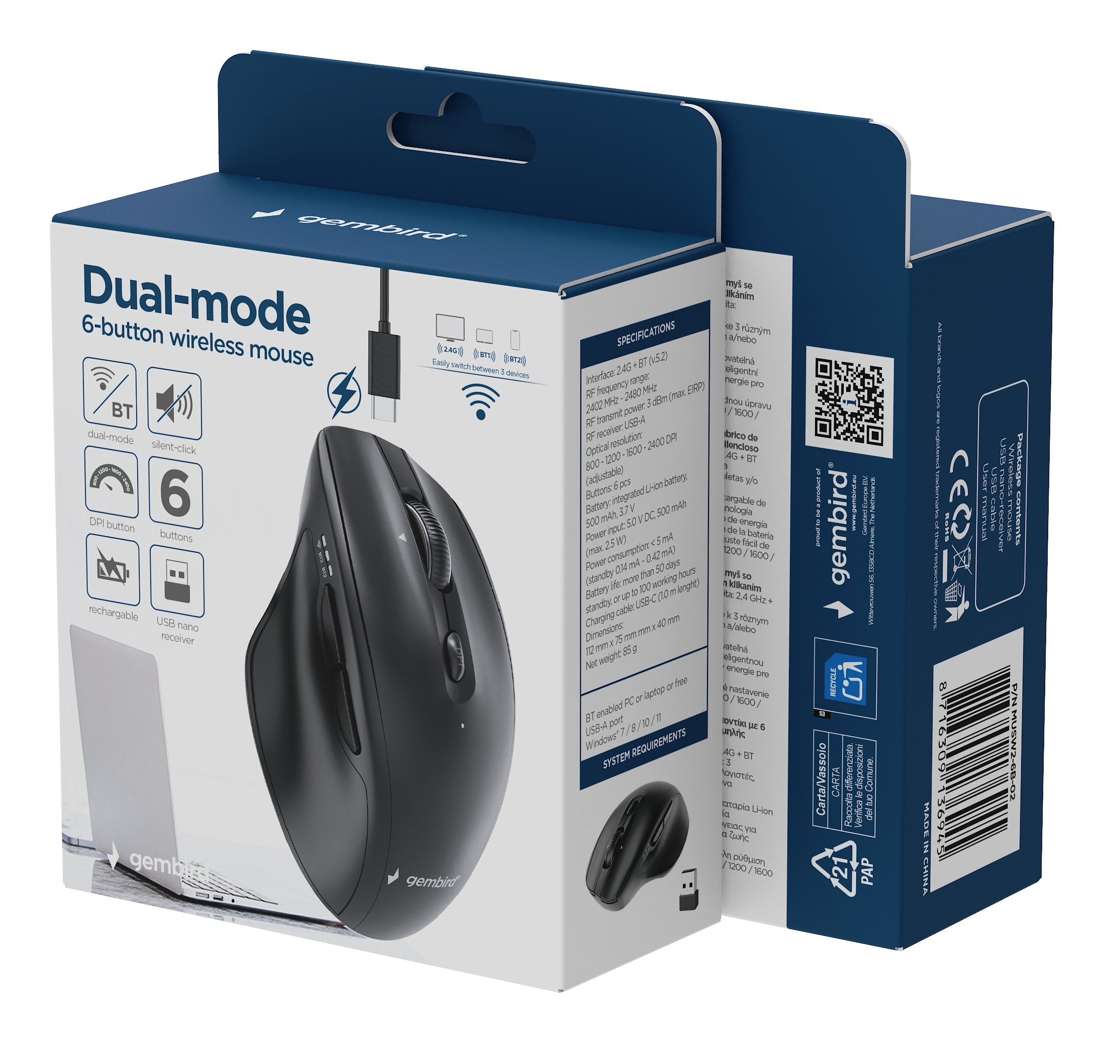 Gembird Dual-Mode 6-Button Wireless Mouse 2.4g + Bt Black