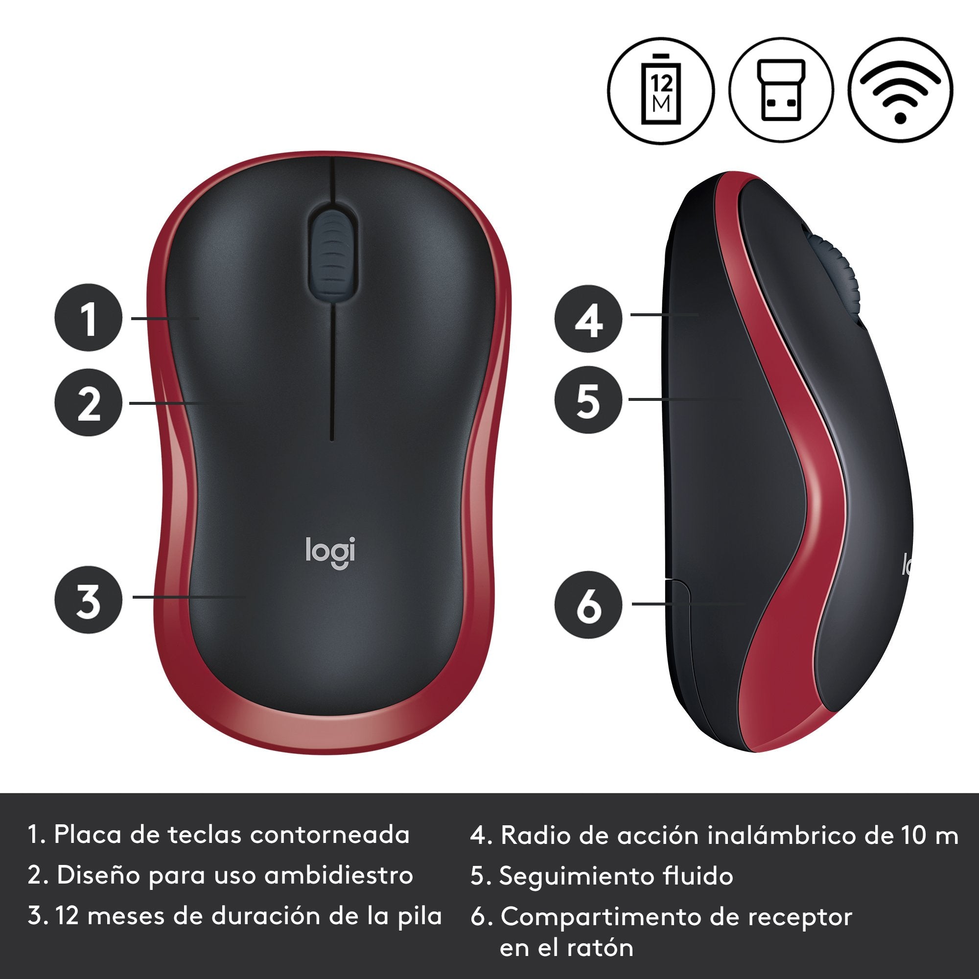 Ratón Inalámbrico Logitech M185 Rojo 910-002240