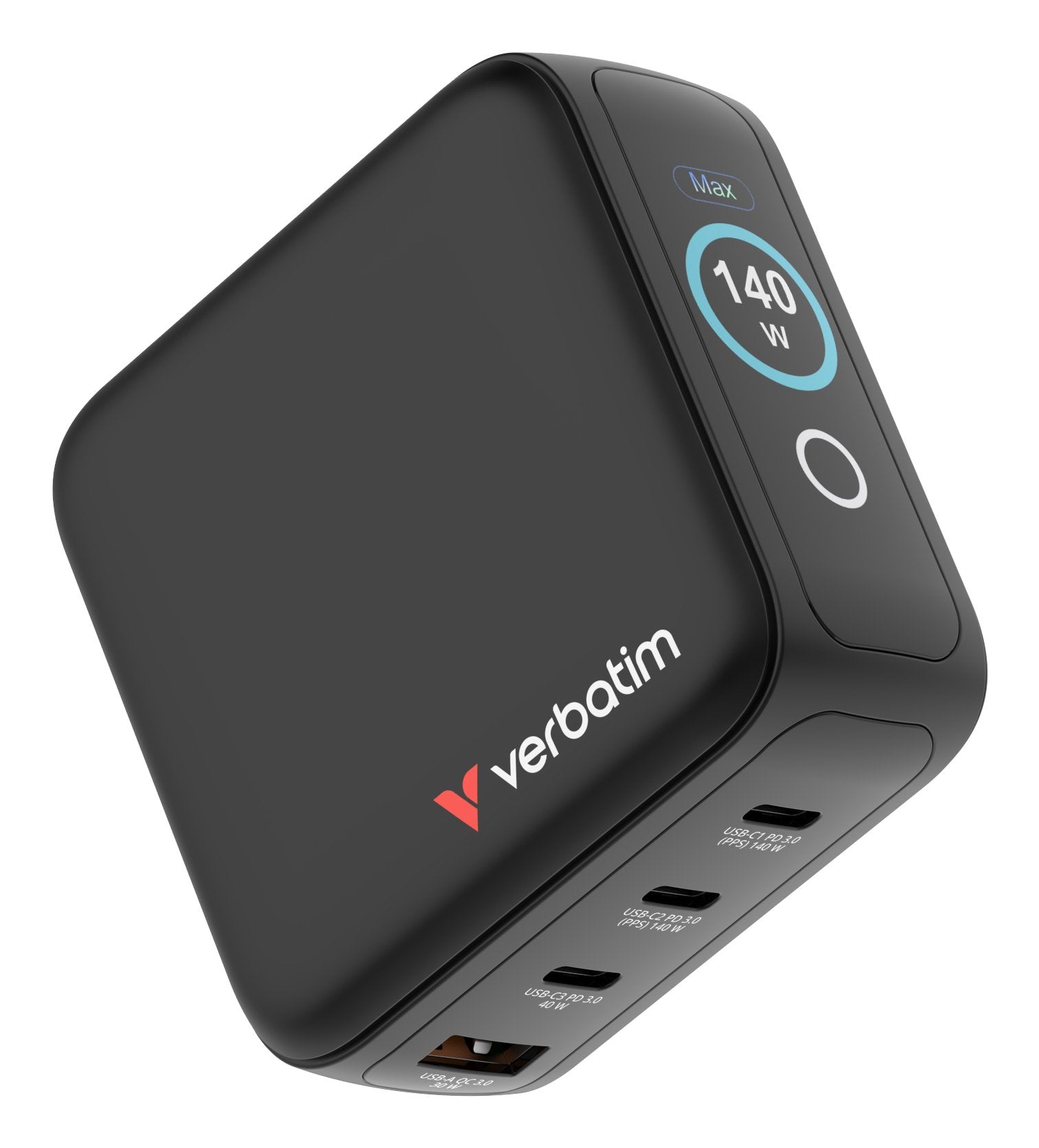 Cargador De Pared Universal Gan Para Viaje Verbatim Mini Gan Charger Con Pantalla 3xusb Tipo-C 1xusb 140w