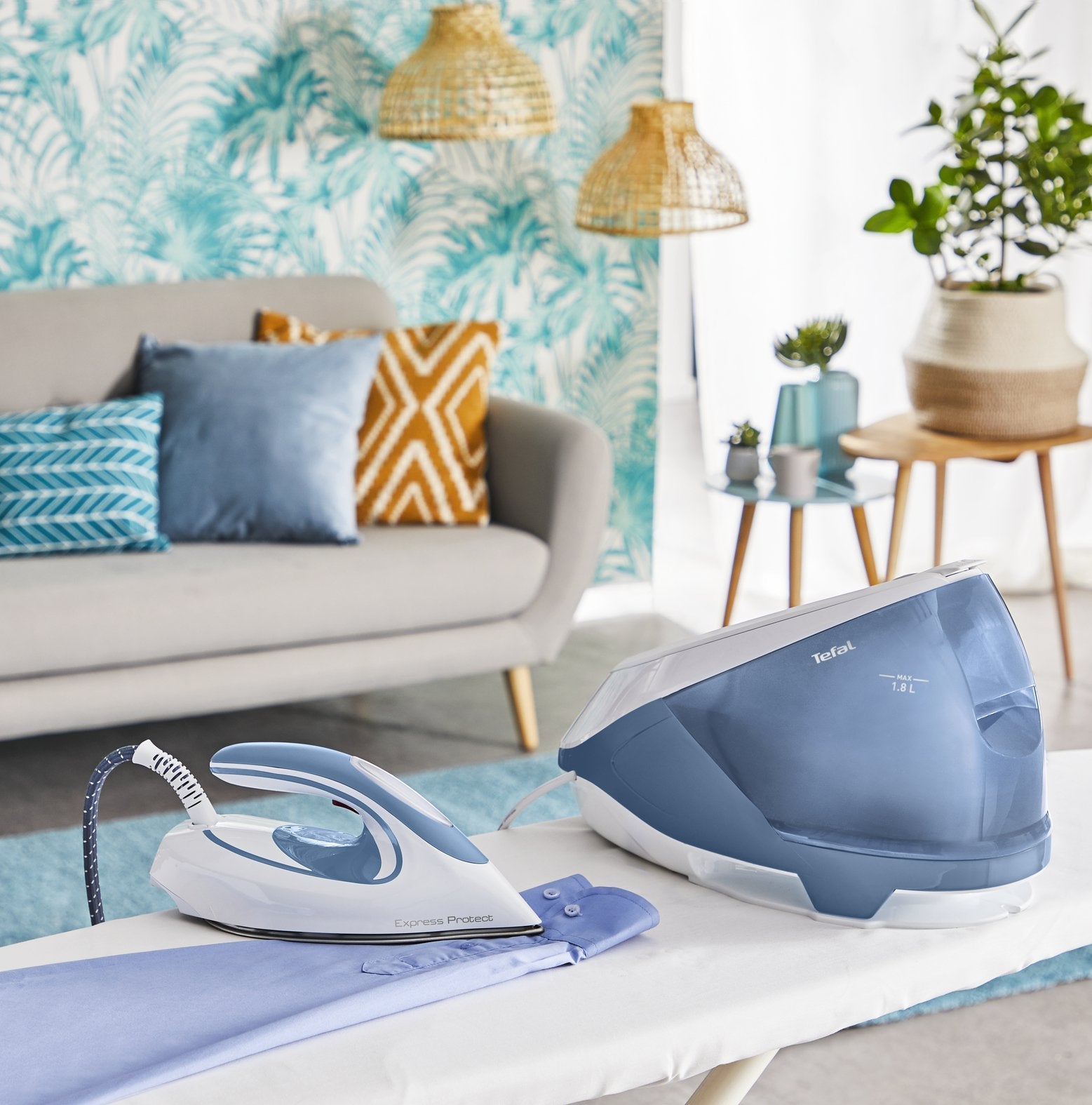 Tefal Express Protect Sv9202e0 Estación Plancha Al Vapor 2800 W 1,8 L Durilium Airglide Autoclean Soleplate Blanco, Azul, Estación De Planchado A Vapor Blanco/Azul, 2800 W, 130 G/Min, Durilium Airglide Autoclean Soleplate, 7,5 Bar, 1,8 L, 5