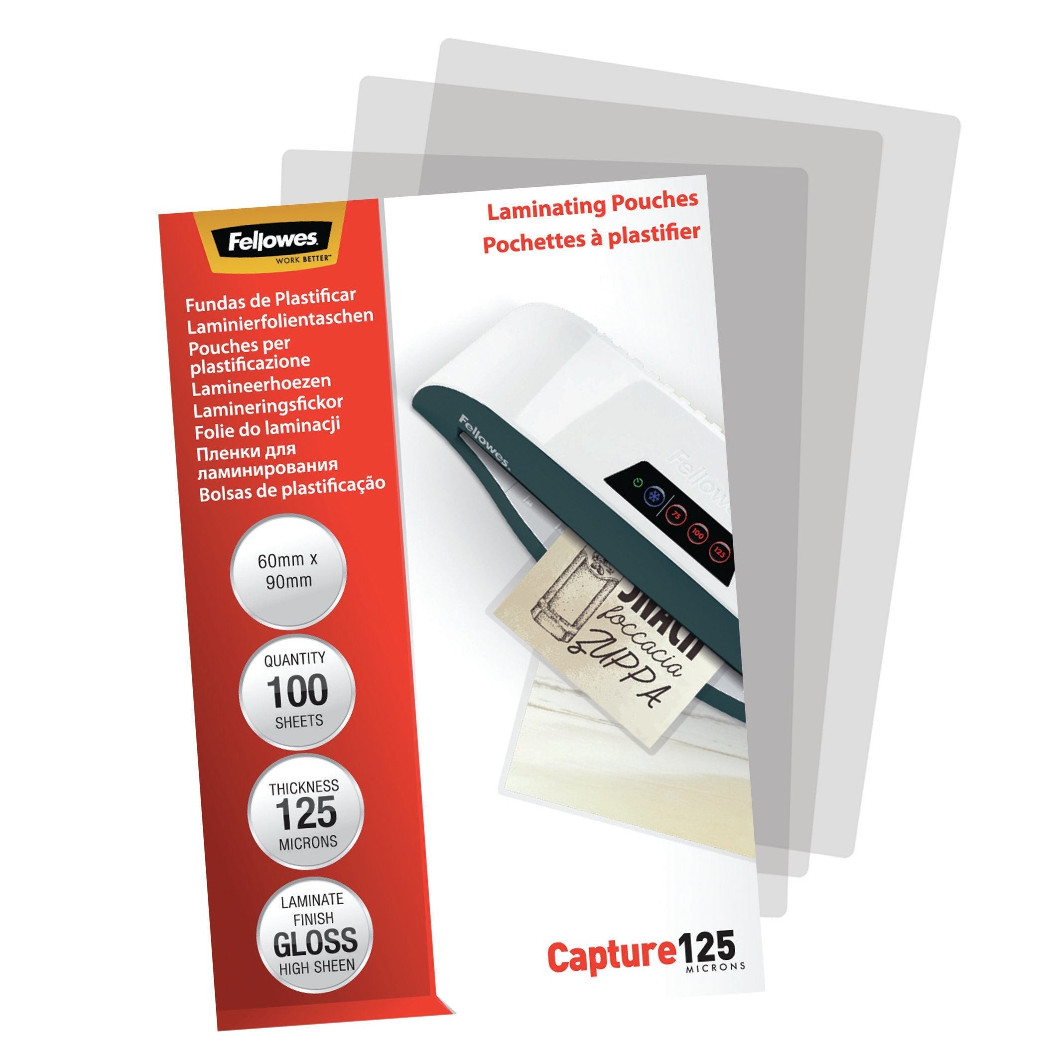 Fellowes Pack De 100 Fundas Para Plastificar Brillo Para Tarjetas 60 X 90mm - 125 Micras - Alta Calidad - Transparente