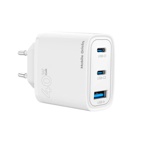 Mobile Origin 40w Gan Charger Mo13 White 1x Usb-A + 2x Usb-C