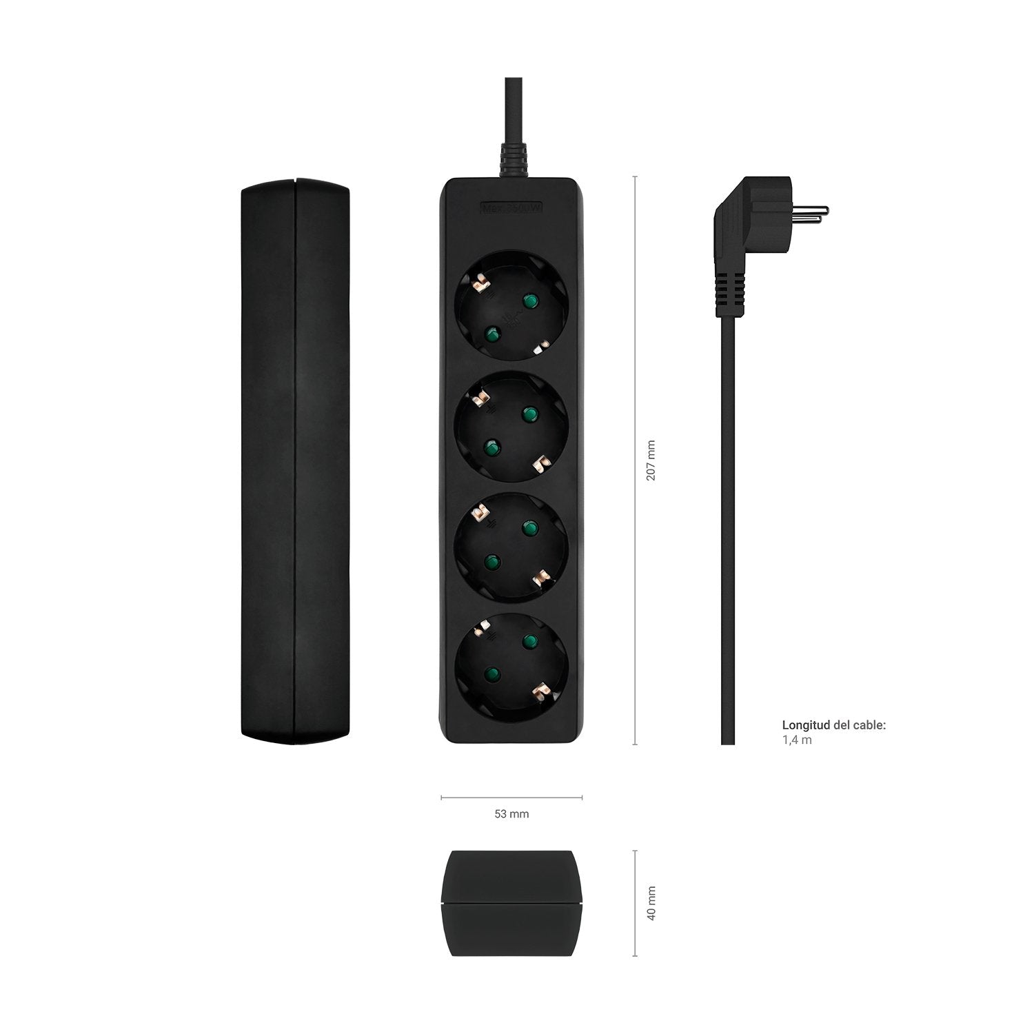Aisens Regleta Multiple De 4 Tomas Con Cable 3×1.5mm2 - 1.40m - Negro