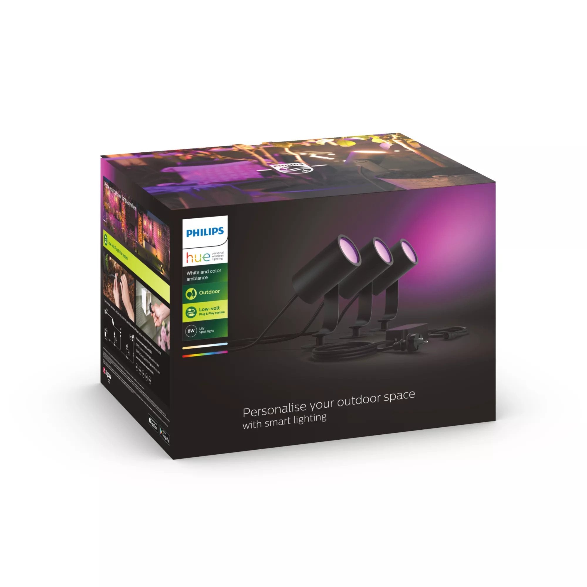 Foco - Philips Hue Lily, 3 Focos, Inteligentes, Exterior, Led, Luz Blanca Y Color, Domótica