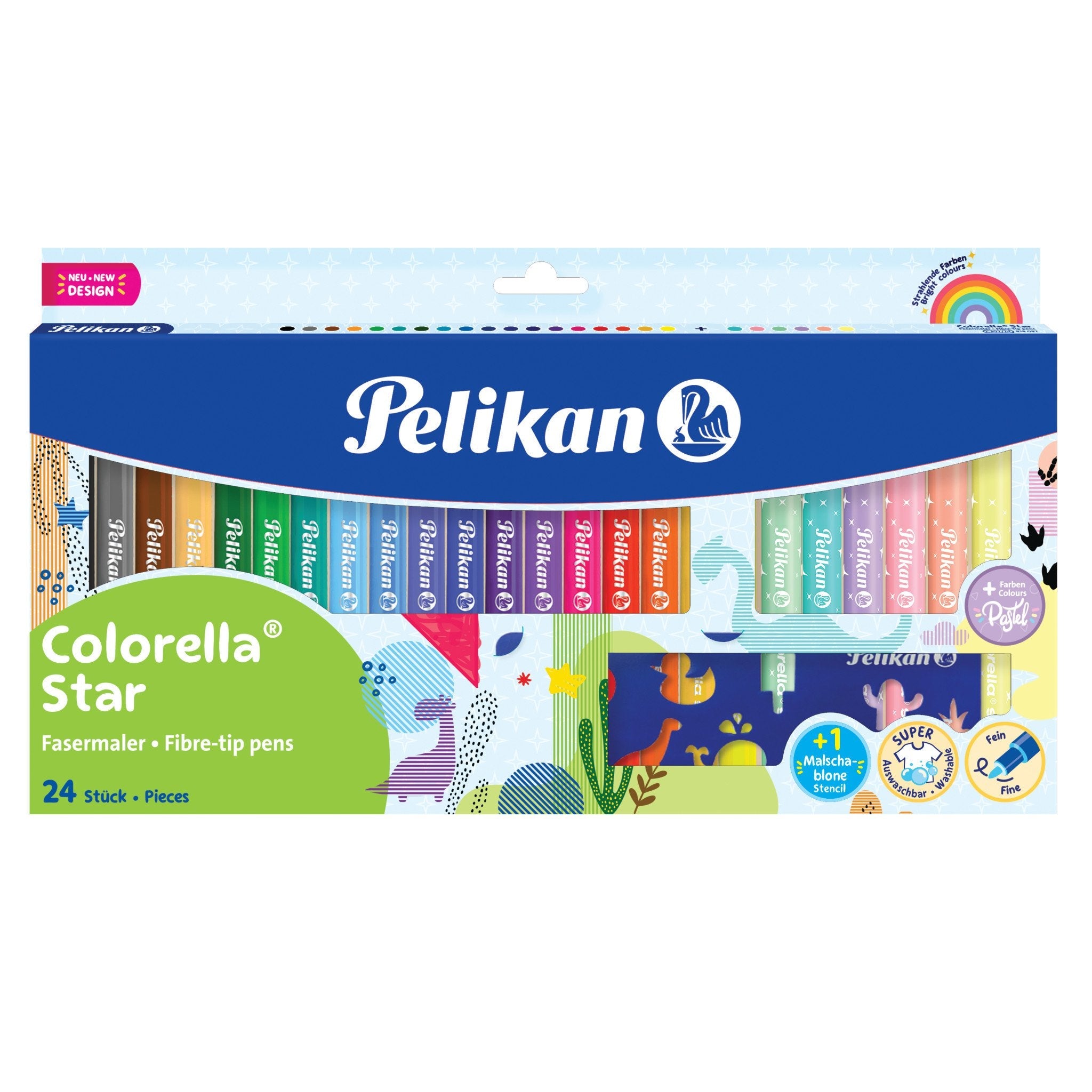 Pelikan Colorella Star Pack De 24 Rotuladores De Colores - Punta Fina - Lavables - No Toxicos - Colores Fluorescentes Y