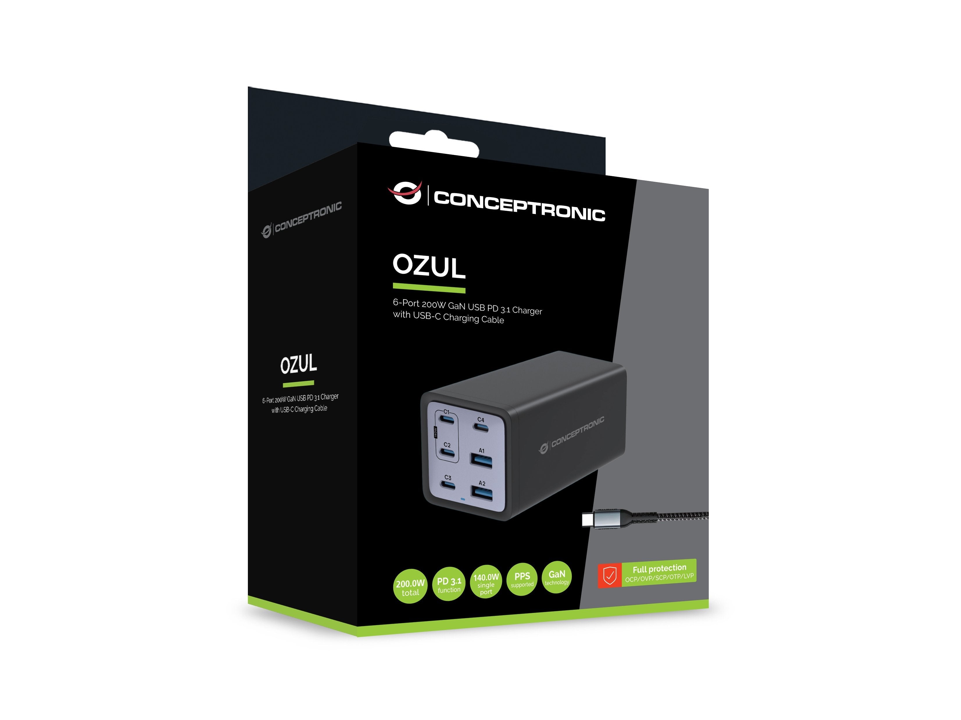 Conceptronic Cargador 4port 200w,4xusb-C,2xusb-A +3-In-1 Sw