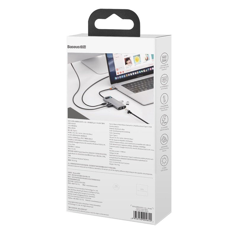 Hub 6w1 Baseus Metal Gleam Series, Usb-C Do 3x Usb 3.0 + Hdmi + Usb-C Pd + Ethernet Rj45
