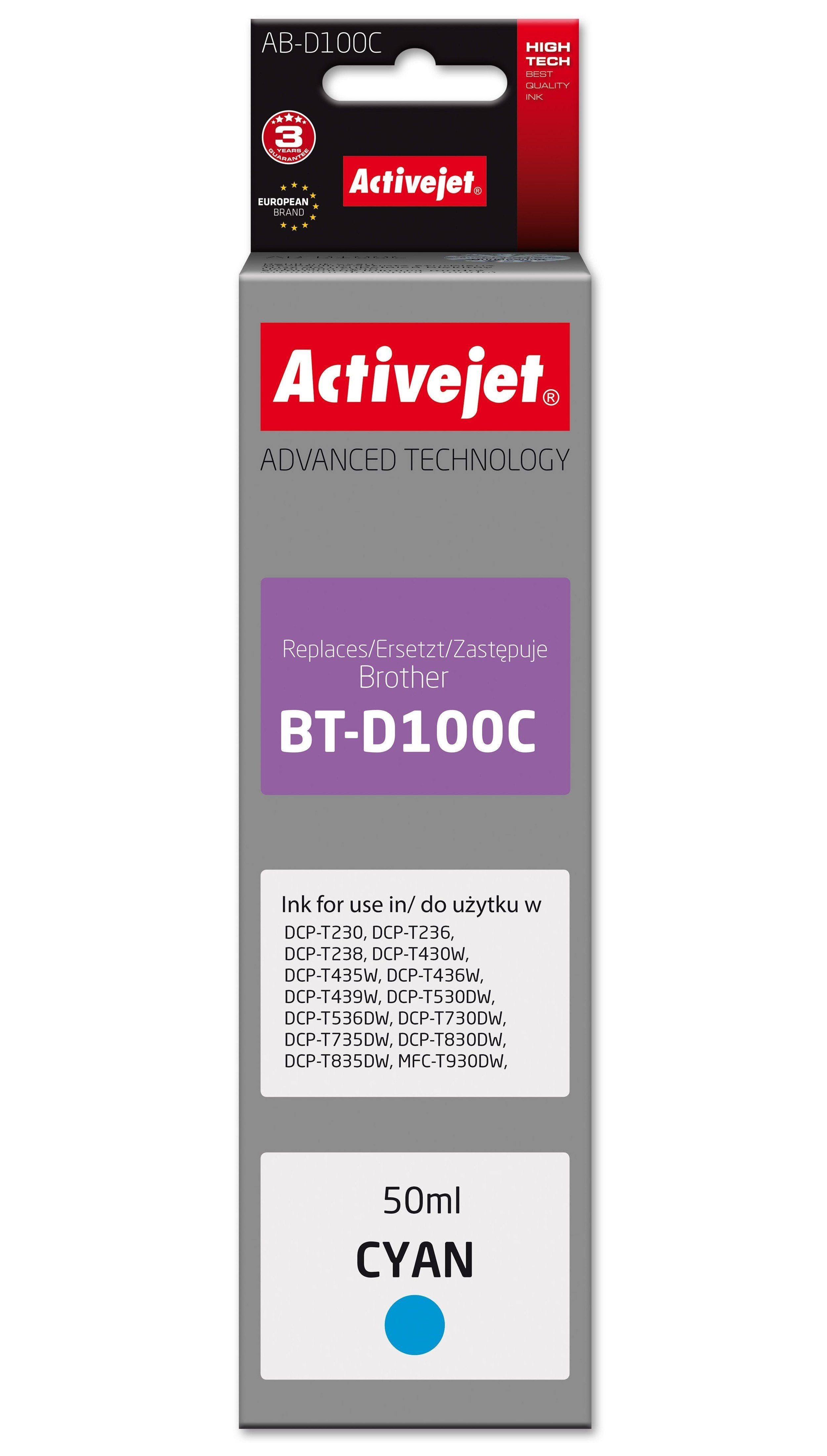 Activejet Ab-D100c: Cartucho De Tinta Para Impresora Brother, Sustituto Del Brother Bt-D100c; Supreme; 50 Ml; Azul