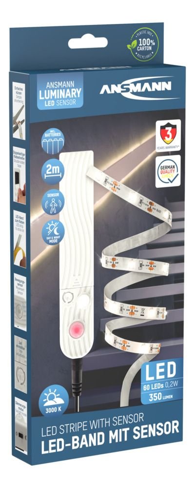 Ansmann 1600-0436 Tira De Led De 2 M Con Sensor Crepuscular Y De Movimiento Pir, Iluminación De Armario Led, Incluidas 4 Pilas Aaa