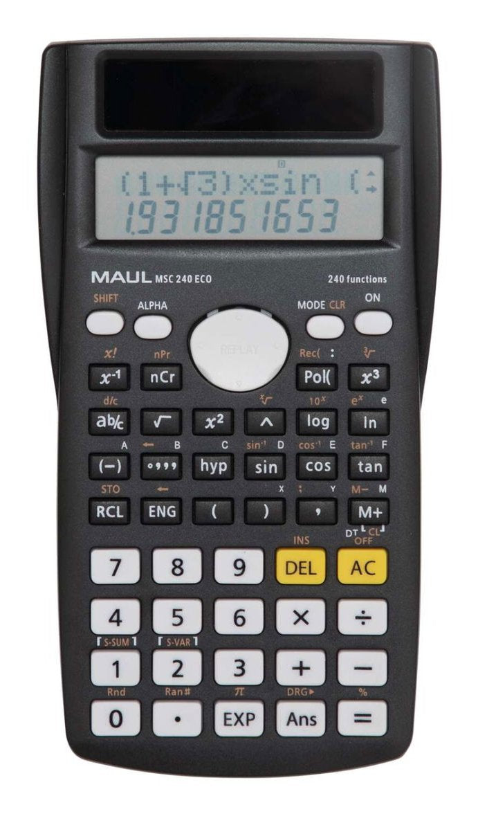 Maul Msc 240 Eco Calculadora De Escritorio Solar, Calculadora Científica Con Pantalla De Dos Líneas, 80% Plástico Reciclado, Negro, 16,1 X 8,5 X 2,1 Cm Para Oficina, Taller, Escuela