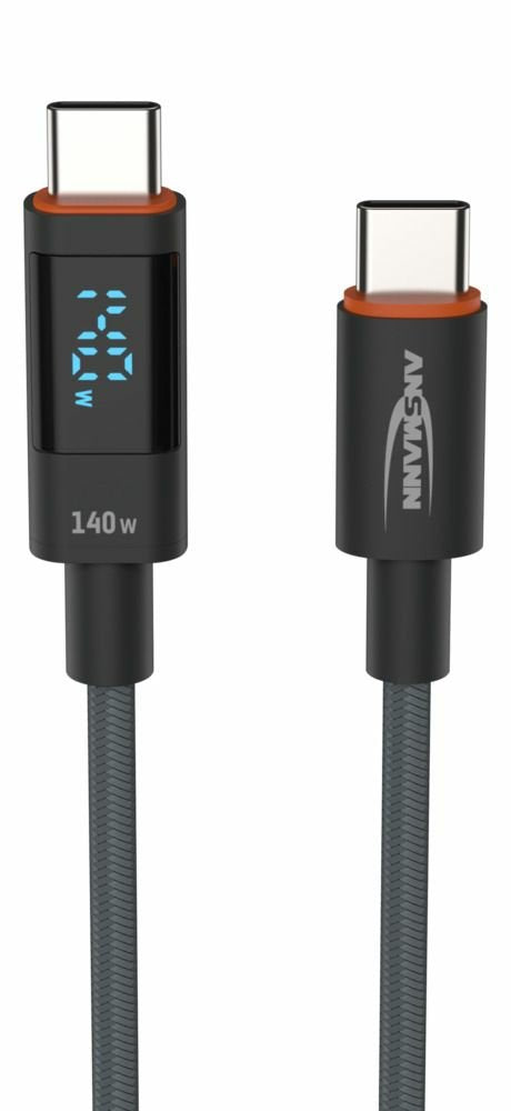 Cable Ansmann Usb 2.0 , Usb-C Stecker > Usb-C Stecker (Anthrazit, 2,0 Meter, Pd 3.1,  Laden Mit Bis Zu 140 Watt, Gesleevt, Integriertes Led Display) 1700-0171