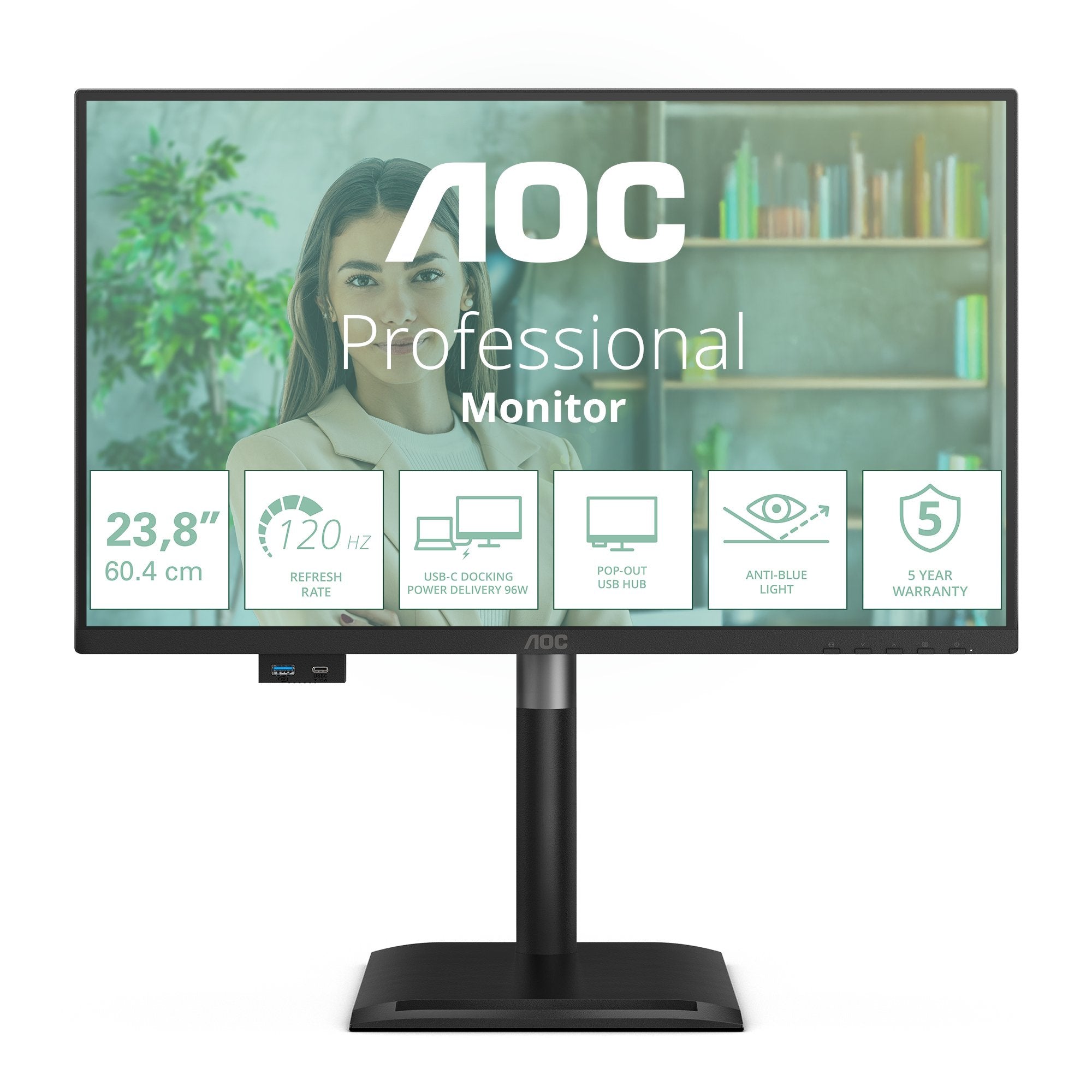 Aoc 24p4cv 23.8" Ips Fhd 120hz 4ms Hdmi Dp Usb C Pd96w Hub Usb Speakers Has 150mm