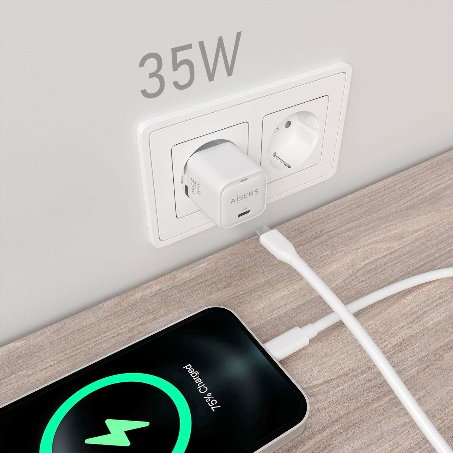 Aisens Cargador Gan 35w, 1xusb-C Pd3.0 Qc4.0, Blanco