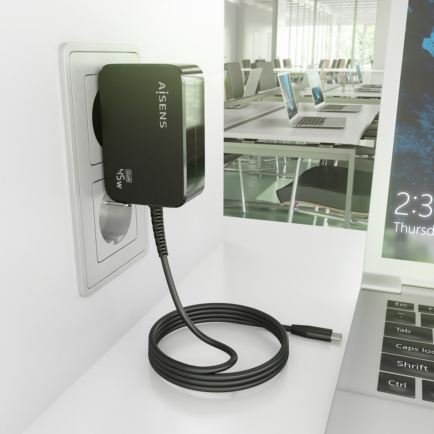 Aisens Cargador Gan 45w Pd3.0 1xusb-C 1.80m, Negro