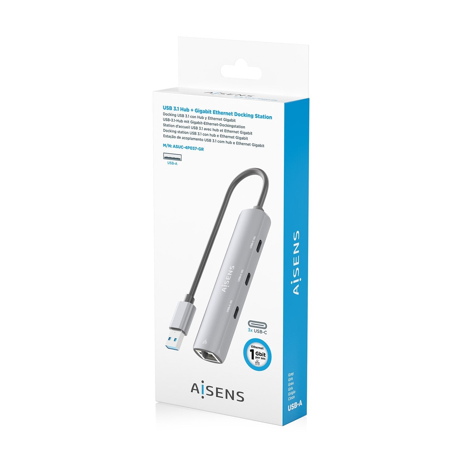 Aisens Usb3.0 Dock Usb-A A Ethernet Gigabit + Hub 3xusb-C, Gris, 15cm