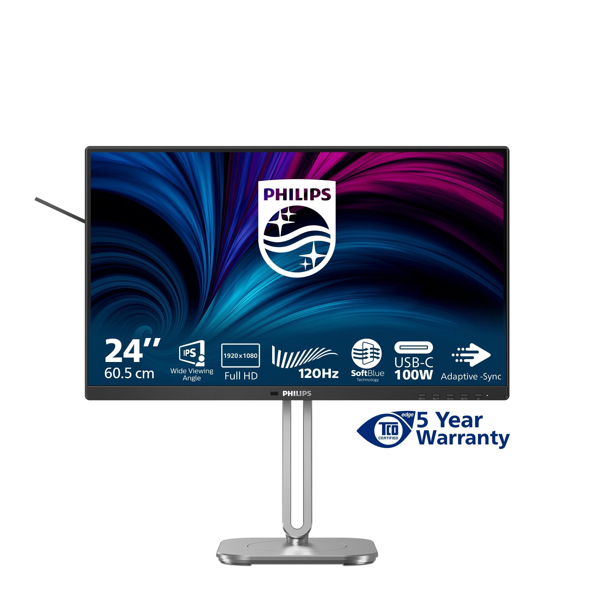Philips 24b2u4301 4000 Series Monitor Led 24" (23.8" Visible) 1920 X 1080 Full Hd (1080p) @ 120 Hz Ips 300 Cd/M² 1500:1 4 Ms Hdmi Displayport Usb-C Altavoces Plata Carbón