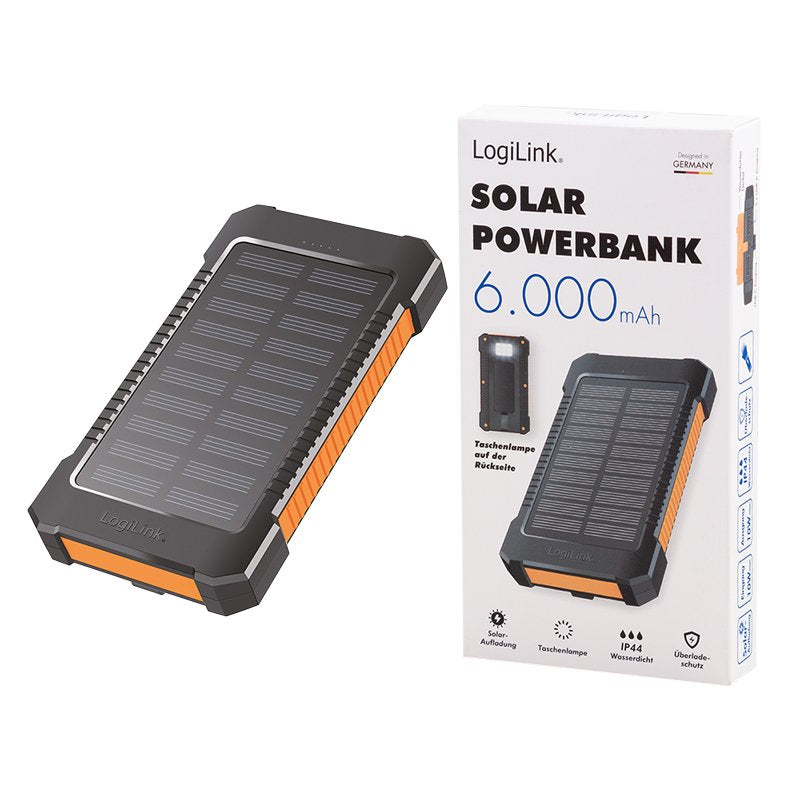 Bateria Externa Power Bank  8000  Solar 2 Puertos Usb-A De Control De Calidad Linterna Negro Naranja Logilink
