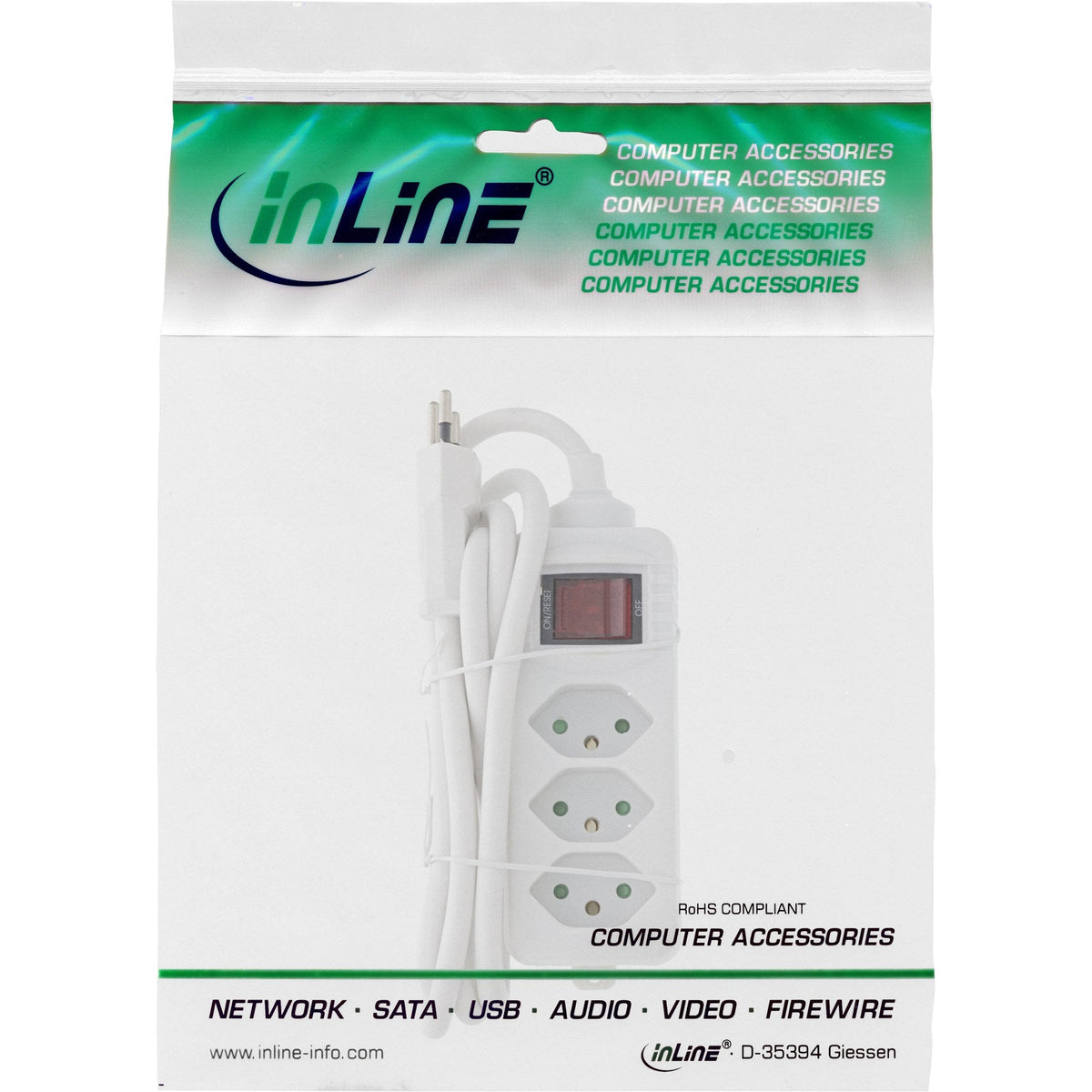Inline® Socket Strip Switzerland, 3-Way, With Switch, 1.5m, White