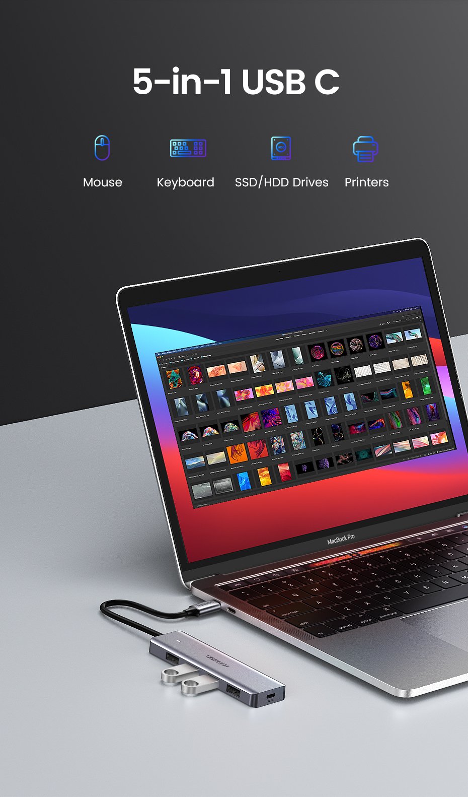 Hub  Ugreen 50985 De Interfaz Usb 3.2 Gen 1 (3.1 Gen 1) Type-A 5000 Mbit/S Plata