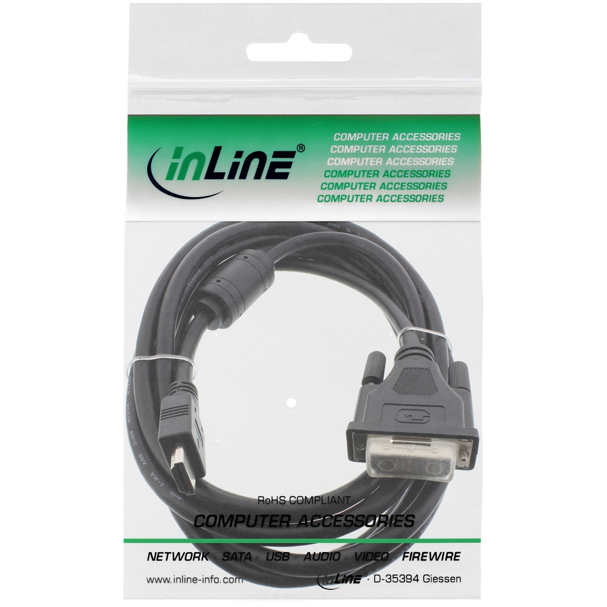 Cable Hdmi-Dvi Inline De 19 Pines Macho A 18+1 Macho + Inductor De Ferrita Negro 1,8 M