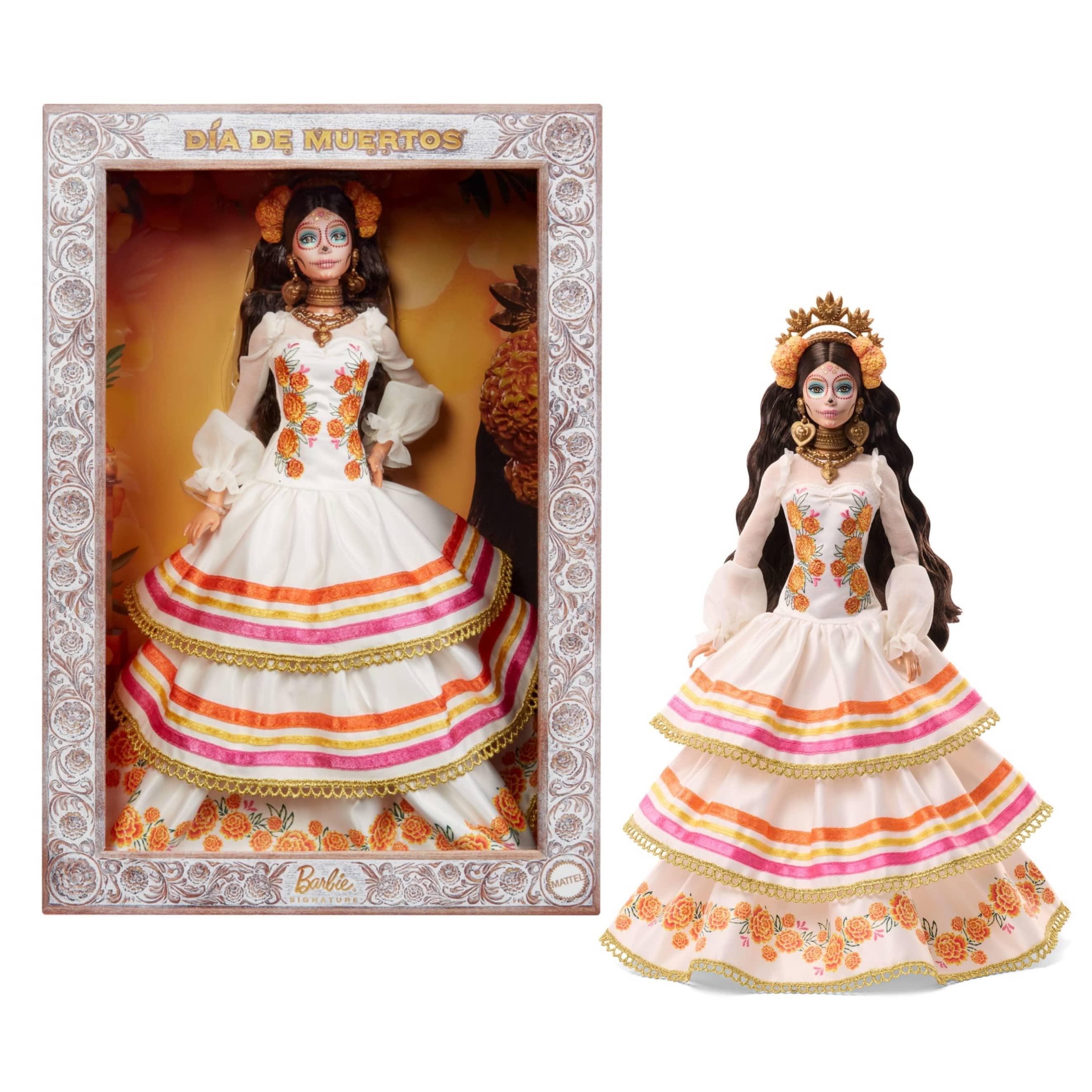Muñeca  Barbie Signature Dia De Muertos 2025 Con Vestido Color Crema Con Volantes Jbj05