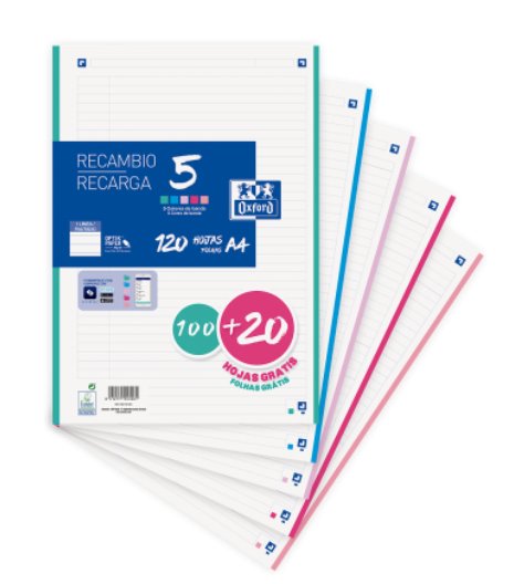 Oxford Recambio 100h + 20h Gratis 4 Taladros A4 90gr 1 Línea 5 Bandas C/Surtidos Pastel