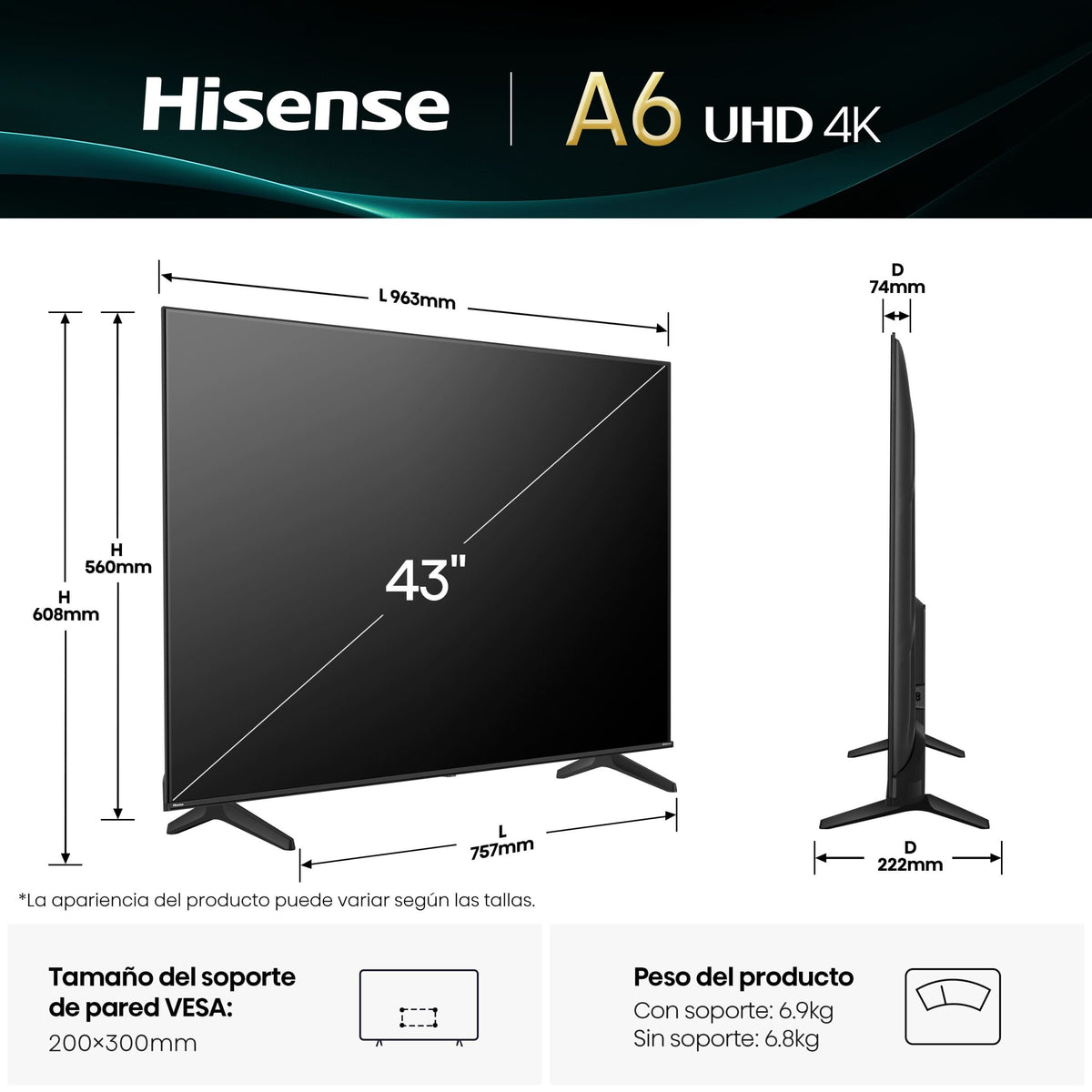 EAN 6942351415628 - Hisense 43A6Q 109,2 cm (43") 4K Ultra HD Smart TV Wifi Negro 300 cd / m² imagen 3