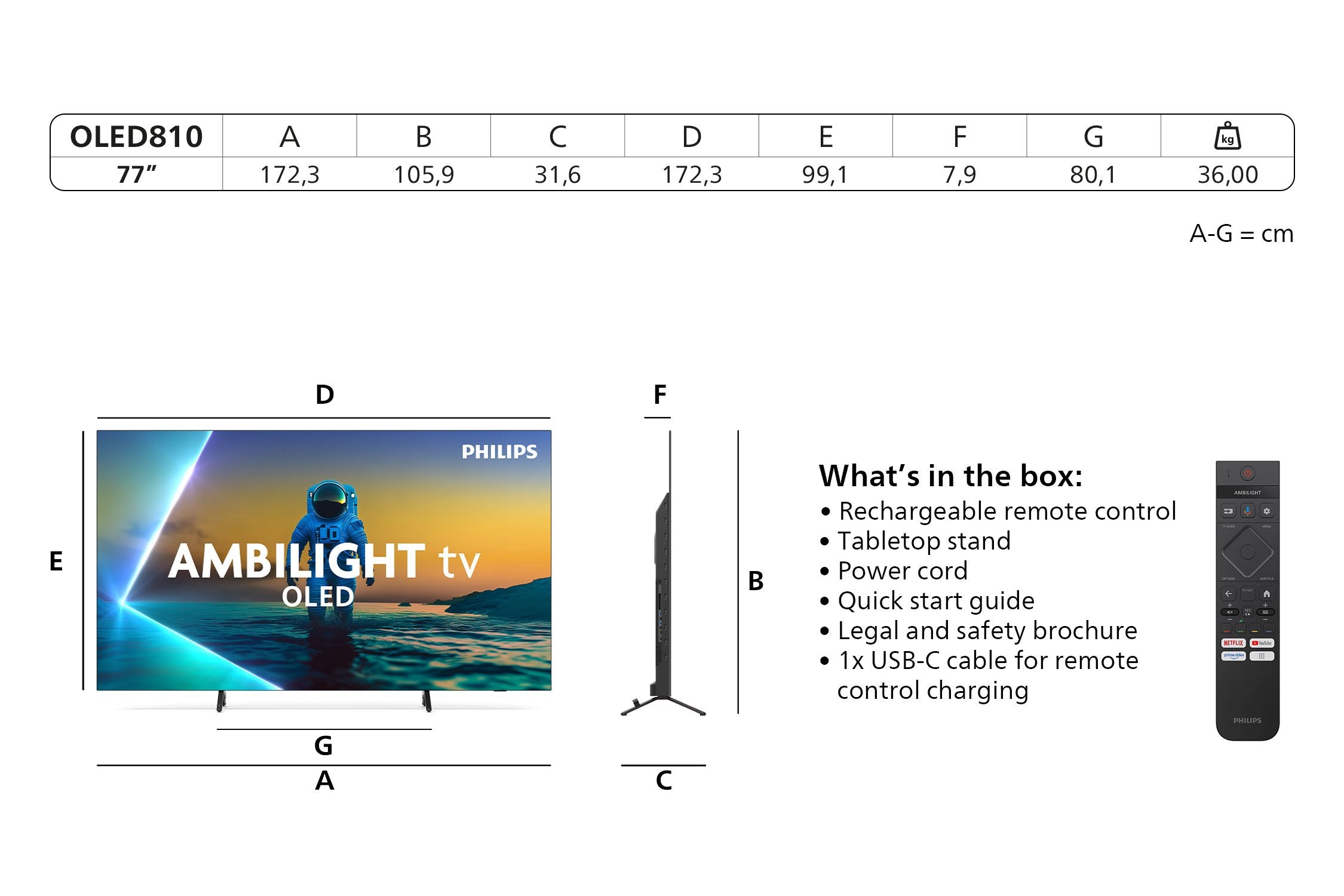 Televisor 194cm 77" (3840x2160) Philips 77oled810 12 16:9 Oled 144hz 4x Hdmi 2.1 2x Usb Lan Wlan Ambilight Google Tv Hdr10+ Dolby Vision Negro