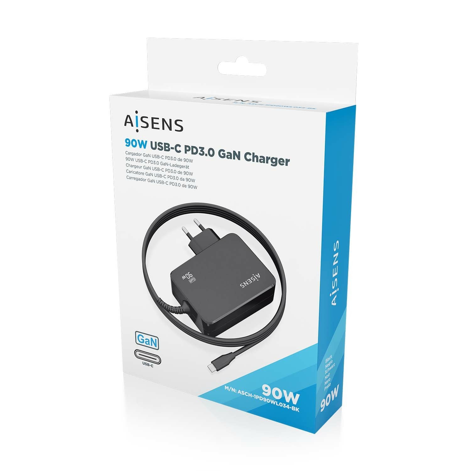 Aisens Cargador Gan 90w Pd3.0 1xusb-C 1.8m, Negro