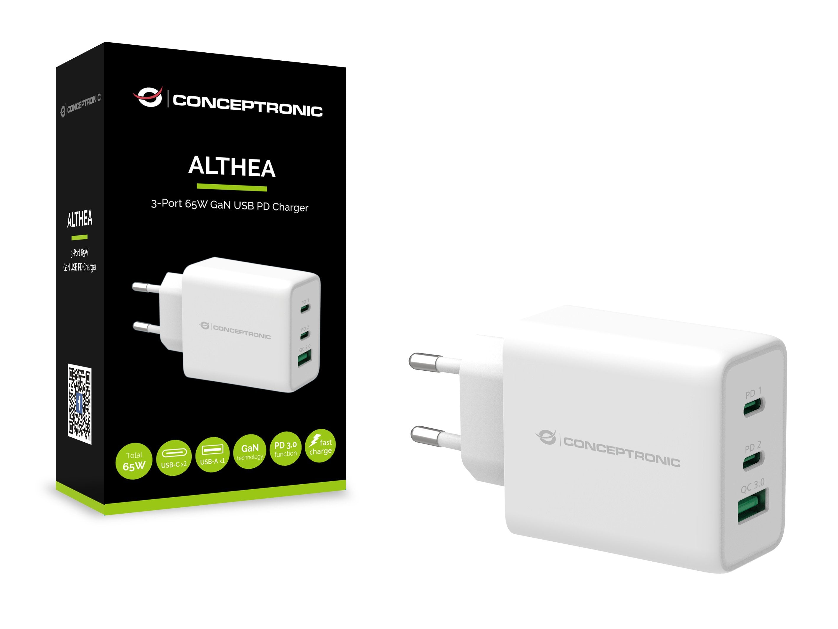 Conceptronic Cargador 3port  65w,Gan Usb-P 3.0  Blanco