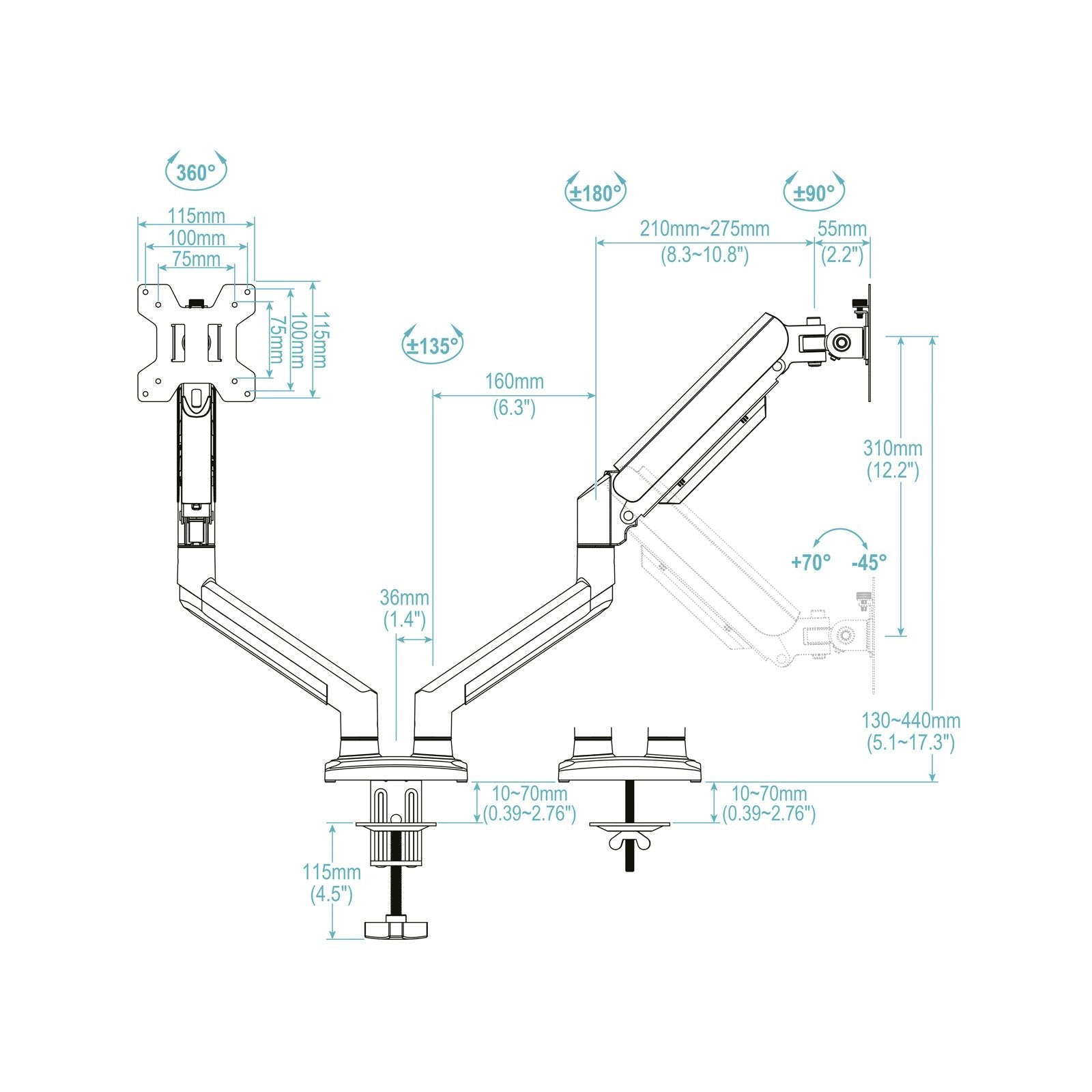Soporte Mesa Tooq Pant. Gira Incli 2 Brazos 13-34 Blanc