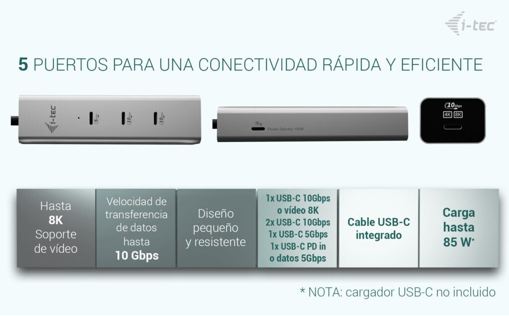 I-Tec Usb-C Charging Metal Hub 5port With Usb-C Video 8k 1xusb-C Video Data 1xusb-C Pd Data 1xusb-C 3.2 Gen1 2xusb-C 3.2 Gen2 Pd85w