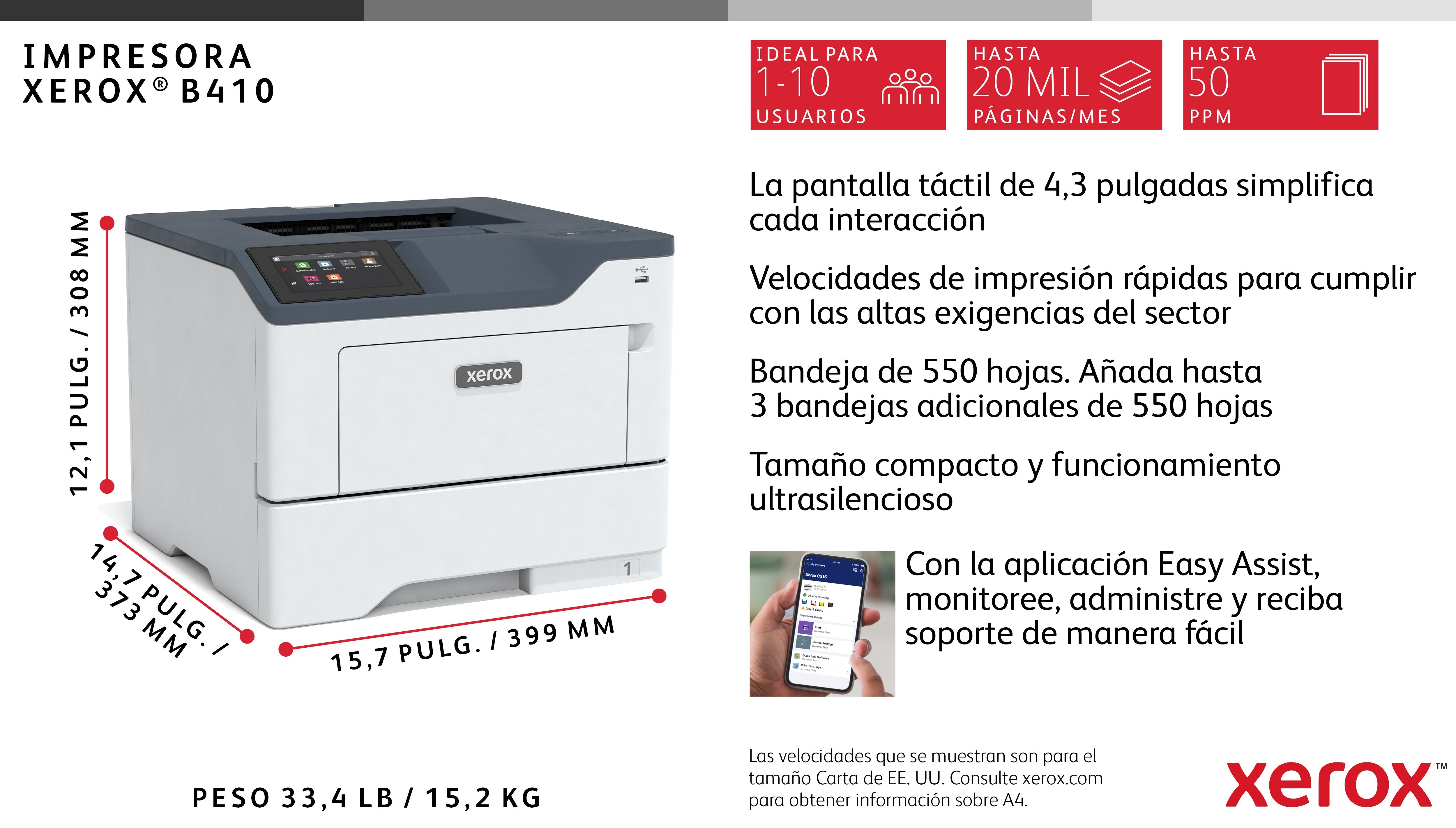 Xerox B410v/Dn Impresora B/N A Dos Caras Laser A4/Legal 1200 X 1200 Ppp Hasta 47 Ppm Capacidad: 650 Hojas Usb 2.0 Gigabit Lan Host Usb 2.0