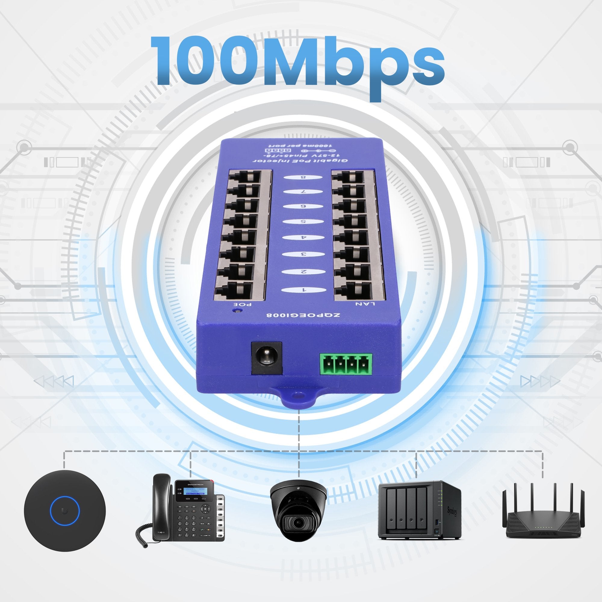 EAN 5902560366365 - Extralink POE INJECTOR 8 PORT GIGABIT MODE B - 1 Gbps - 8-Port Ethernet rápido, Gigabit Ethernet 48 V imagen 9