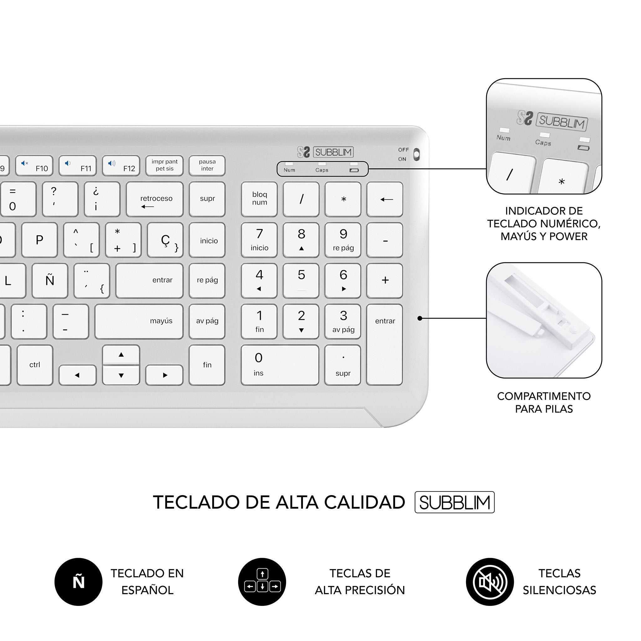 Teclado Y Ratón Inalámbrico Subblim Combo Dual Prestige Extendido Blanco Y Plata Español