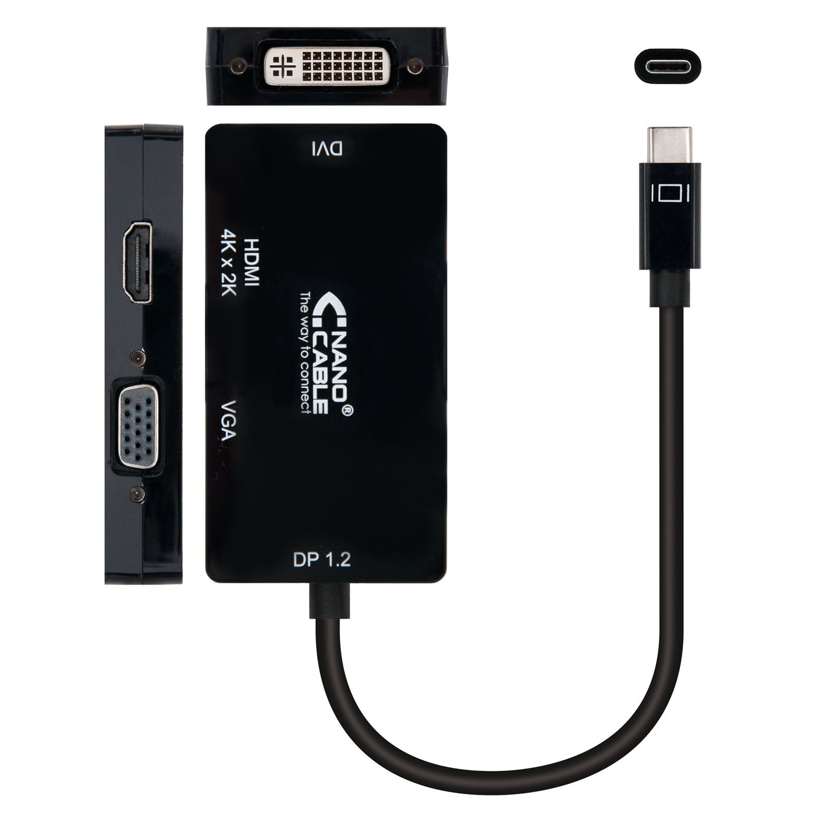 Nanocable Conversor Usb-C A Svga / Dvi / Hdmi - 3 En 1. Usb-C/M-Vga/H-Dvi/H-Hdmi/H 4k - 10 Cm - Negro