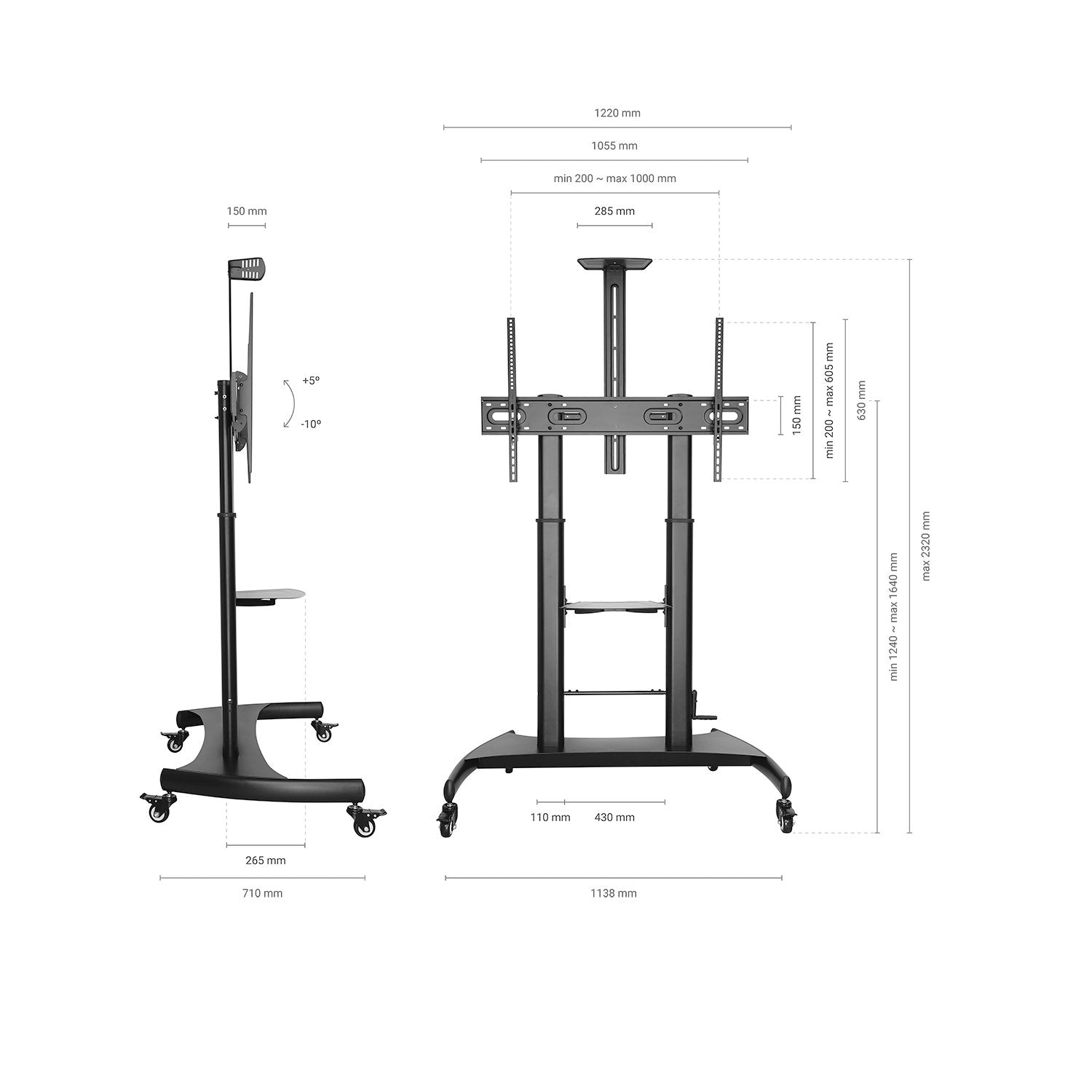 Aisens Soporte De Suelo Eco Con Ruedas Y Manivela - Bandeja Para Dvd Y Soporte De Camara Para Monitor/Tv - Hasta 100kg