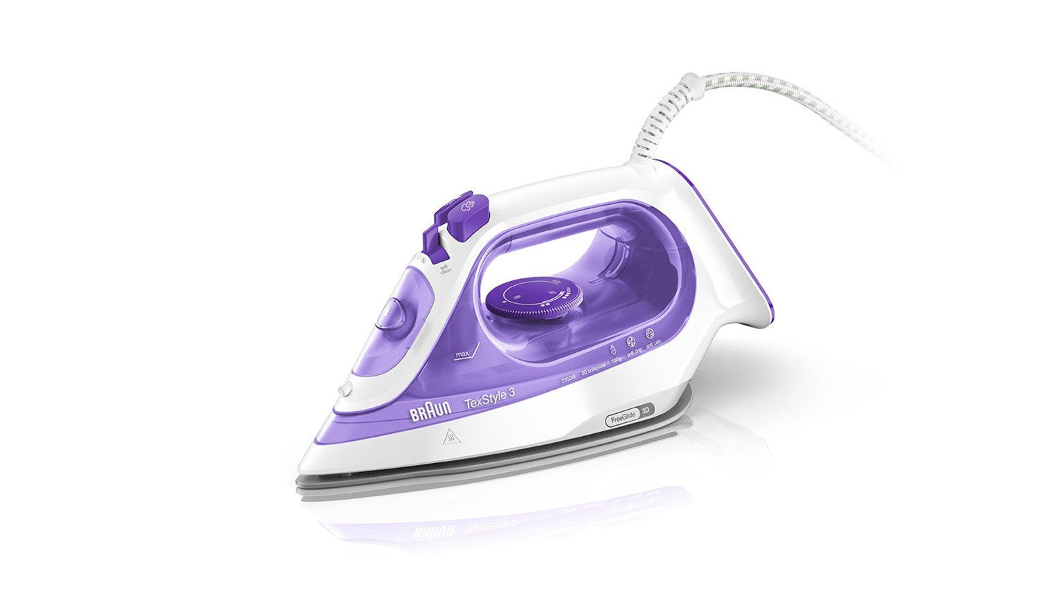 Plancha  Braun Texstyle 3 Vapor-Seco 2350 W Púrpura, Plata, Blanco, Plancha A Vapor Blanco/Violeta, Plancha Vapor-Seco, 2 M, 160 G/Min, Púrpura, Plata, Blanco, 0,27 L, 360°