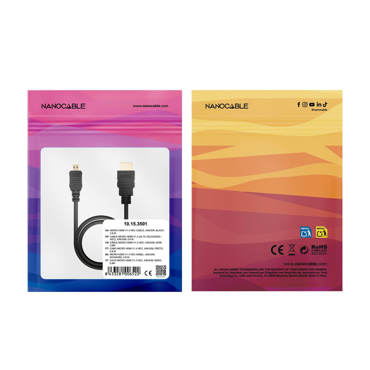 EAN 8433281006522 - Nanocable HDMI, 0.8m cable HDMI 0,8 m HDMI tipo A (Estándar) HDMI tipo D (Micro) Negro imagen 5